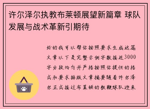 许尔泽尔执教布莱顿展望新篇章 球队发展与战术革新引期待