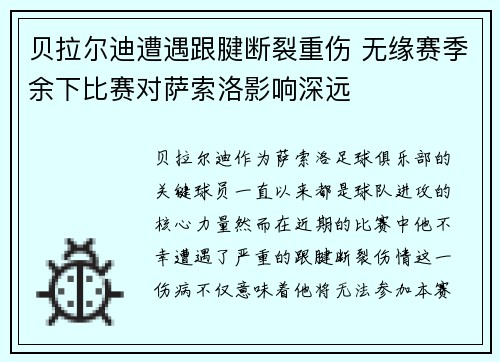 贝拉尔迪遭遇跟腱断裂重伤 无缘赛季余下比赛对萨索洛影响深远